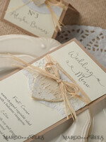 MENU & PROGRAMS rustic and lace Minimalist Brown Wedding Menu, Aesthetic Lace Reception Dinner Menu, Romantic Menu With Wooden Heart, Elegant  Wedding Menu Cards5