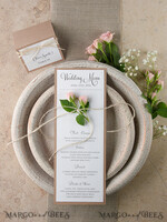 MENÜ & PROGRAMME  
 rustikal und Spitze Einfaches rustikales Glam-Hochzeitsmenü, maßgeschneiderte Vintage-Hochzeitsmenü-Karten, elegante handgefertigte Hochzeitsmenüs mit Zwirn, einzigartige individuelle minimalistische Hochzeitsmenü-Karten4