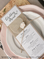 MENÜ & PROGRAMME  
 rustikal und Spitze Rustikales Hochzeitsmenü mit Jute, Hochzeitsmenükarten für die Scheune, ökologisch romantische personalisierte Karten mit Blume, einfaches rustikales Menü, elegante handgefertigte ecrufarbene Hochzeitskarten.3