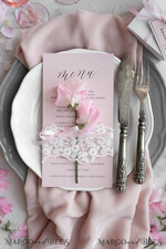 MENÜ & PROGRAMME  
 rustikal und Spitze Romantisches Blush-Pink Hochzeitsmenü mit Band, personalisierte Menü-Karten aus Vintage-Spitze, Shabby Chic Hochzeitsmenü mit floralem Motiv, minimalistische Hochzeitskarten10