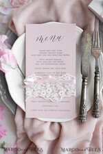 MENÜ & PROGRAMME  
 rustikal und Spitze Romantisches Blush-Pink Hochzeitsmenü mit Band, personalisierte Menü-Karten aus Vintage-Spitze, Shabby Chic Hochzeitsmenü mit floralem Motiv, minimalistische Hochzeitskarten10