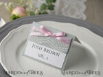 PLACE CARDS / TABLE CARDS rustic and lace Elegant White and Grey Wedding Place Cards, Rustic Name Tags, Romantic Wedding Place Cards with Lace and Pink Ribbon, Custom Text, Rustic Wedding Place Cards6