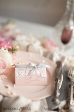 PLACE CARDS / TABLE CARDS rustic and lace Romantic White Lace Wedding Place Cards, Blush Pink Name Tags with Grey Ribbon Bow, Elegant Wedding Stationery, Rustic Escort Cards, Editable Text, Wedding Sign7