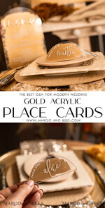 PLACE CARDS / TABLE CARDS Acrylic Gold Clear / Wood 3D Modern Arch Gold Acrylic Place Card with Stand, Arch Clear Name Card, Premium Luxury Seating Cards, Painted Gold Escort Cards with White Wording, Editable Text18