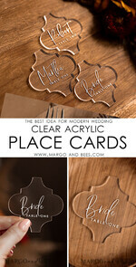 PLACE CARDS / TABLE CARDS Acrylic Gold Clear / Wood 3D Modern Acrylic Place Cards, Wedding Place Cards, Geometric Clear Acryl Name Cards, Premium Luxury Seating Cards, White Wording Transparent Custom Escort Cards7