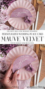 PLACE CARDS / TABLE CARDS Acrylic Gold Clear / Wood 3D Mauve Wedding Place Cards, Modern arch Velvet White Wording Place card without stand, Wedding seat mauve Cards, Velvet white Names Cards, Editable Text, MvS6
