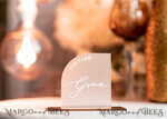 PLACE CARDS / TABLE CARDS Acrylic Gold Clear / Wood 3D Modern half arch Frozen Acrylic Place card with stand, Wedding seat Cards, Forested Acryl Name Card,  premium luxury seating cards, White wording Escort Card10