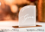 PLACE CARDS / TABLE CARDS Acrylic Gold Clear / Wood 3D Modern half arch Frozen Acrylic Place card with stand, Wedding seat Cards, Forested Acryl Name Card,  premium luxury seating cards, White wording Escort Card10
