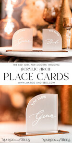 PLACE CARDS / TABLE CARDS Acrylic Gold Clear / Wood 3D Modern half arch Frozen Acrylic Place card with stand, Wedding seat Cards, Forested Acryl Name Card,  premium luxury seating cards, White wording Escort Card10