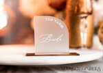 PLACE CARDS / TABLE CARDS Acrylic Gold Clear / Wood 3D Modern half arch Frozen Acrylic Place card with stand, Wedding seat Cards, Forested Acryl Name Card,  premium luxury seating cards, White wording Escort Card10