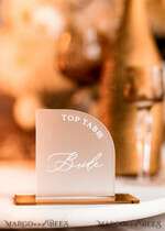 PLACE CARDS / TABLE CARDS Acrylic Gold Clear / Wood 3D Modern half arch Frozen Acrylic Place card with stand, Wedding seat Cards, Forested Acryl Name Card,  premium luxury seating cards, White wording Escort Card10