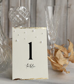 TABLE DECOR SIGNS glitter Luxury Wedding Table Number Card with Pearls & Gold Foil border – Textured Ivory Paper, Tent Style6
