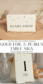TABLE DECOR SIGNS glitter Luxury Wedding Table Number Card with Pearls & Gold Foil border – Textured Ivory Paper, Tent Style6