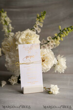 MENU & PROGRAMS glitter/ luxury premium Glamour Minimal White Wedding Menu, Elegant Gold Foil Wedding Menu Cards, Simple Modern Dinner Menu With Golden Twine, Floral Boho Golden Shine Wedding Menu    2