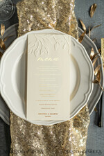 MENU & PROGRAMS glitter/ luxury premium Embossed Ivory Wedding Menu, Elegant Wedding Menu Cards With Floral Motif, Luxury Wedding Menu With Gold Foil, Leaf Wedding Menu With Gold Foil And Golden Twine3