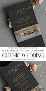 MENÜ & PROGRAMME  
 Glitzer/ Luxus Premium Halloween Hochzeitsmenükarte, Schwarze Hochzeitsmenü, Gruseliges Halloween Menü, Gotische Hochzeitsmenükarten, Skelett Hochzeitsset schwarz und gold8