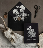 HOCHZEITS EINLADUNGEN Moderne Einladungen Florale Karten Halloween Hochzeits Einladungssuite, schwarze Einladungen, Tarotkarten Einladungen, gotische Hochzeits Einladungskarten, Das Liebespaar Skelett Hochzeitsset schwarz10