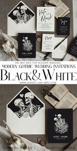 HOCHZEITS EINLADUNGEN Moderne Einladungen Florale Karten Halloween Hochzeitskarten Suite, Schwarze Einladungen, Tarotkarten Einladungen, Gothic Hochzeitskarten, Das Liebespaar Skelett Hochzeitsset schwarz9