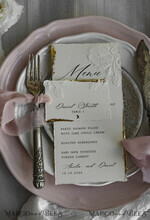 MENÜ & PROGRAMME  
 romantisch Präge-Blumen-Hochzeitsmenü, Luxuriöses Ecru-Dinner-Menü, Chiffonband-Hochzeitsmenü, Elegante Empfangs-Menükarten8