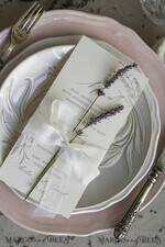 MENÜ & PROGRAMME  
 romantisch Lavendel Blüten Hochzeitsmenü, Luxus Ecru Abendmenü, Chiffonband Hochzeitsmenü, Elegante Empfangsmenükarten5