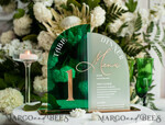 TABLE DECOR SIGNS Acrylic table decor Numbers Acrylic Arch Table Number and menu Combo, Green and Frozen Acrylic gold Sign, Gold Plexi Table Number and Menu Combo Luxury Wedding Table Decor, Wedding Signage15
