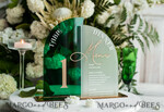 TABLE DECOR SIGNS Acrylic table decor Numbers Acrylic Arch Table Number and menu Combo, Green and Frozen Acrylic gold Sign, Gold Plexi Table Number and Menu Combo Luxury Wedding Table Decor, Wedding Signage15