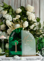 TABLE DECOR SIGNS Acrylic table decor Numbers Acrylic Arch Table Number and menu Combo, Green and Frozen Acrylic gold Sign, Gold Plexi Table Number and Menu Combo Luxury Wedding Table Decor, Wedding Signage15