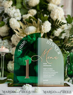 TABLE DECOR SIGNS Acrylic table decor Numbers Acrylic Arch Table Number and menu Combo, Green and Frozen Acrylic gold Sign, Gold Plexi Table Number and Menu Combo Luxury Wedding Table Decor, Wedding Signage15