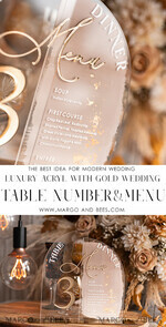 TABLE DECOR SIGNS Acrylic table decor Numbers Acrylic Half Arch Table Number and menu Combo, Clear and Frozen Acrylic gold Sign, Gold Plexi Table Number and Menu Combo Luxury Wedding Table Decor, Wedding Signage22