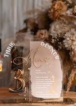 TABLE DECOR SIGNS Acrylic table decor Numbers Acrylic Half Arch Table Number and menu Combo, Clear and Frozen Acrylic gold Sign, Gold Plexi Table Number and Menu Combo Luxury Wedding Table Decor, Wedding Signage22