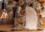 TABLE DECOR SIGNS Acrylic table decor Numbers Acrylic Half Arch Table Number and menu Combo, Clear and Frozen Acrylic gold Sign, Gold Plexi Table Number and Menu Combo Luxury Wedding Table Decor, Wedding Signage22