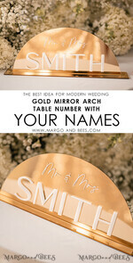 TABLE DECOR SIGNS Acrylic table decor Numbers Acrylic Arch Top Table Sign, Gold Mirror Acrylic Sign, Golden Plexi Top Table Sign, Luxury Wedding Table Decor, Custom Wedding Signage Golden Mirror Cards Sign14