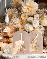 TISCHDEKORATIONSCHILDER   Acryl Tischdekoration Zahlen Acrylbogen Beige Tischnummern, klare Acryl- und goldene Tischnummern, Nude Taupe Gold Plexi Tischnummern, Tan Luxus Hochzeits Tischdekoration, Erdige Hochzeitsbeschilderung.34