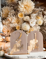 TISCHDEKORATIONSCHILDER   Acryl Tischdekoration Zahlen Acrylbogen Beige Tischnummern, klare Acryl- und goldene Tischnummern, Nude Taupe Gold Plexi Tischnummern, Tan Luxus Hochzeits Tischdekoration, Erdige Hochzeitsbeschilderung.34