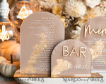 TABLE DECOR SIGNS Acrylic table decor Numbers Acrylic Arch Cappuccino Bar Menu, Clear Acrylic And Gold Bar Menu, Nude Taupe Gold Plexi Drink Bar Menu, Tan Luxury Wedding Drink Bar Table Decor, Earthy Wedding Signage Golden Mirror Bar Menu45