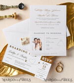 SAMPLING SERVICE samples Destination wedding Invitation Sample, Gold Passport sample set, boarding card wedding invitation, travel gold invites sample set13