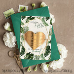 DATEN MERKEN Acrylgoldmagnete Eleganter grüner und goldener Save the Date Acrylherz Magnet, goldene Hochzeits-Save-the-Dates Acrylmagneten, dunkelgrüner Umschlag Save the Date4