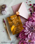 DATEN MERKEN Acrylgoldmagnete Luxuriöse Hochzeits-Save-the-Date, Personalisierter goldener Spiegel, Plexiglas Gold, Hochzeits-Save-the-Date rosa Umschlag4