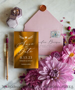 DATEN MERKEN Acrylgoldmagnete Luxuriöse Hochzeits-Save-the-Date, Personalisierter goldener Spiegel, Plexiglas Gold, Hochzeits-Save-the-Date rosa Umschlag4