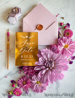 DATEN MERKEN Acrylgoldmagnete Luxuriöse Hochzeits-Save-the-Date, Personalisierter goldener Spiegel, Plexiglas Gold, Hochzeits-Save-the-Date rosa Umschlag4
