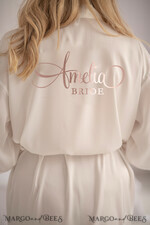 NEWLY WEDS COUPLE GIFTS Bride gifts White satin wedding robe for Bride with rose gold inscription, Elegant Rose Gold Wedding Robe, Bride Wedding GIft11