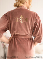 NEWLY WEDS COUPLE GIFTS Bride gifts Rose Gold Velvet wedding Robe, Custom bespoke wedding Robe, Bride Gift Robe with Gold Text4