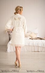 NEWLY WEDS COUPLE GIFTS Bride gifts Custom bespoke wedding velvet Robe, Bride robe White with Gold Foil Text, Elegant Robe6