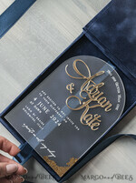 HOCHZEITS EINLADUNGEN Einladungen für VIP/ Boxeinladungen für Eltern Vip Marineblau Goldfolien-Hochzeitseinladungen in Samtbox, Plexi Glamour Hochzeitseinladungs-Set Luxusbox, Romantische Samt-Hochzeitseinladungen, Maßgeschneiderte Goldene Einladungen29
