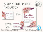TEMPLETT wedding invitation download Mauve fall boho wedding Invitations Set and Electronic Wedding Invitation Template, Instant Download Printable Invites Home Printing, Simple Boho Wedding Invitation8