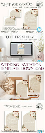 TEMPLETT wedding invitation download Boho Ivory wedding Invitations Set Template, Instant Download Printable Invites Home Printing, Simple Boho Wedding Invitation Card Set25
