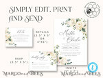TEMPLETT wedding invitation download Floral wedding Invitations Set Template, Instant Download Printable Invites Home Printing, Simple Boho Wedding Invitation Card Set WRoses559