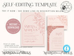 TEMPLETT  
 Hochzeits Einladung Download Boho Blush Pink Hochzeits-Einladungen Set Vorlage, Sofortiger Download Druckbare Einladungen für den Heimdruck, Bogenblumen Hochzeits Einladungskarte8