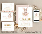 TEMPLETT  
 Babyparty Mädchen Kaninchen Baby Shower Einladung Vorlage Bunny ist auf dem Weg Windel Verlosung Bücher Ballon Sofortiger Download Gold Blush bearbeitbare Ostereinladung10