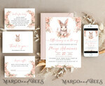 TEMPLETT  
 Babyparty Mädchen Kaninchen Baby Shower Einladungsvorlage Hase ist auf dem Weg Windelverlosung Bücher Ballon Sofortdownload Gold Rosa bearbeitbare Oster Einladung10